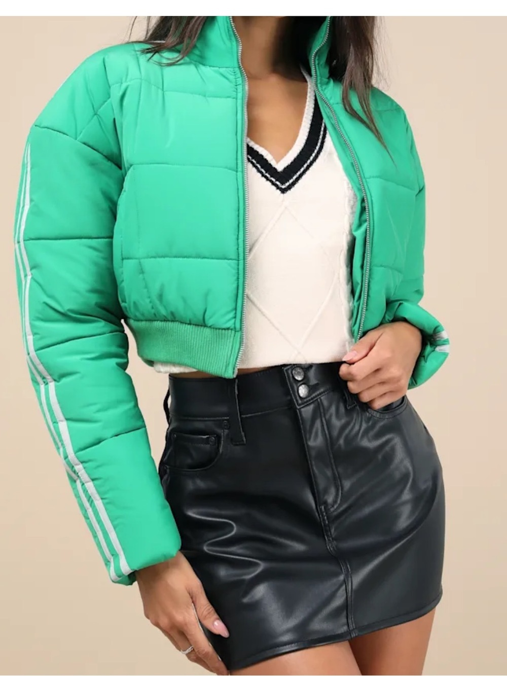 Lulus Impressively Posh Green Cropped Puffer Jacket Stripe Sleeve M NWT